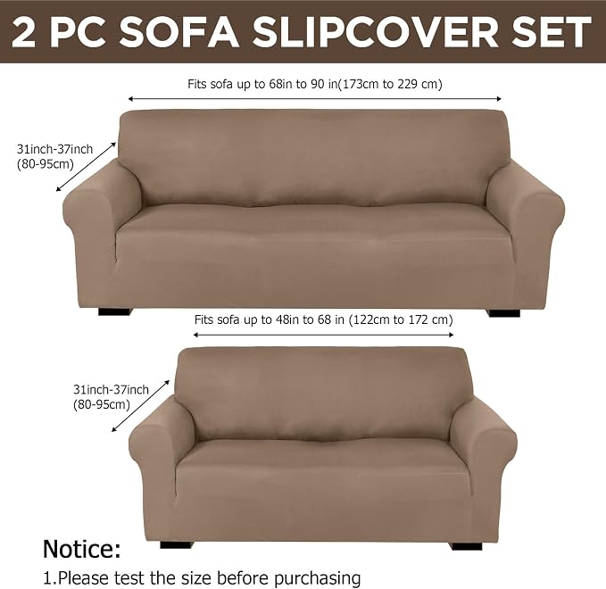 Peryiter 2 Pcs Couch and Loveseat Sofa Covers,Camel,Milk Silk | Armchair Covers for Living Room, Sofa Cushion Slipcover 2/3 Seater, Furniture Protector, Polyester and Spandex, Washable