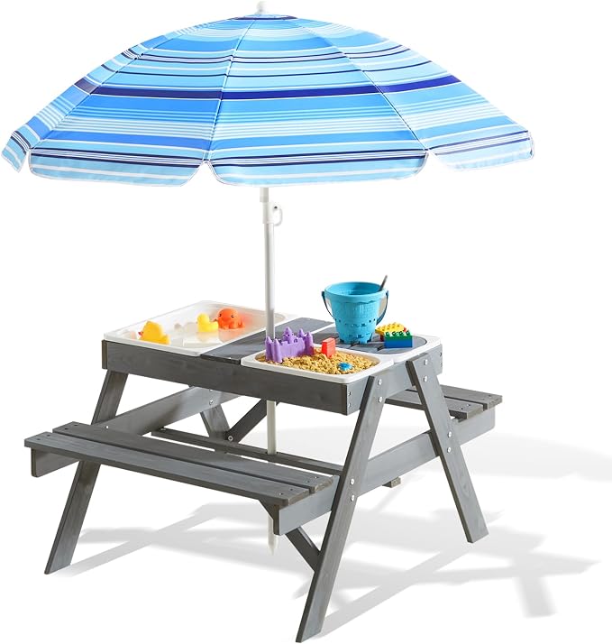 3-in-1 Kids Picnic Table, Play Sand and Water Sensory Table with Height Adjustable Umbrella & Removable Tabletop, Kids Wooden Outdoor Table, with 3 Storage Bins, Upgraded