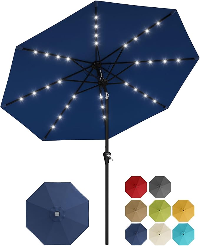 Garvee 9FT Solar Patio Umbrella with 32 LED Lights - Outdoor Table Umbrella with Crank Lift, Push Button Tilt and 8 Sturdy Ribs - Market Umbrella UV Protection for Pool, Deck, Yard, Garden -Navy Blue