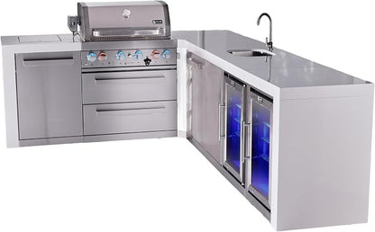 Mont Alpi Premium 4-Burner 82"x113" L-shaped 400 Deluxe Stainless Steel Modular Outdoor Kitchen Island BBQ Gas Grill + Beverage Center Refrigerator Faucet & Sink + Storage Drawers & Cabinets + Cover