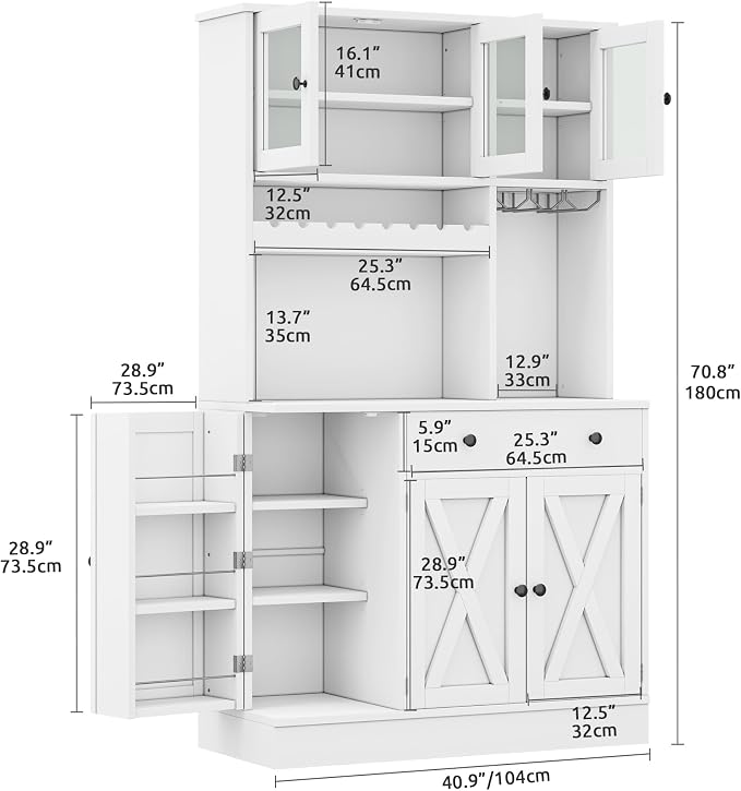 DWVO 71''H Kitchen Pantry Storage Cabinet with Power Outlet, White | Tall Cabinet with Doors, Shelves & Drawer, Buffet Cabinet with Goblet Holder and Wine Rack for Kitchen, Living Room