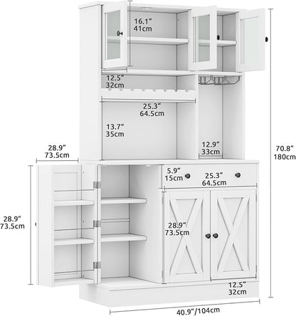 DWVO 71''H Kitchen Pantry Storage Cabinet with Power Outlet, White | Tall Cabinet with Doors, Shelves & Drawer, Buffet Cabinet with Goblet Holder and Wine Rack for Kitchen, Living Room