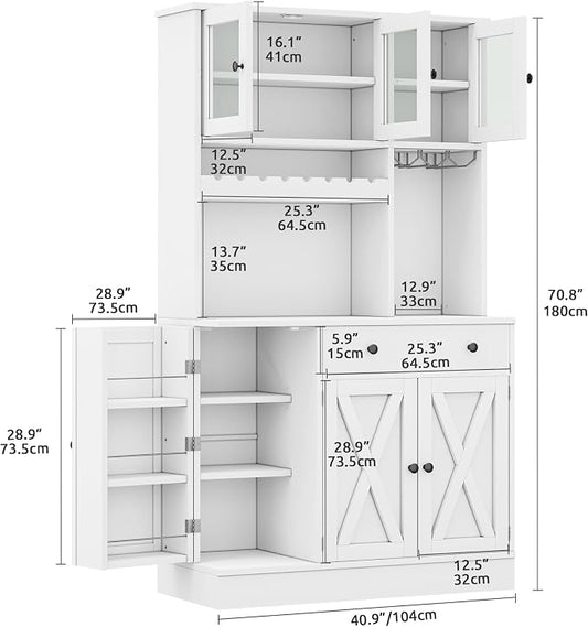 DWVO 71''H Kitchen Pantry Storage Cabinet with Power Outlet, White | Tall Cabinet with Doors, Shelves & Drawer, Buffet Cabinet with Goblet Holder and Wine Rack for Kitchen, Living Room