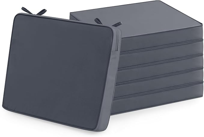 Outdoor Chair Cushions Set of 6: Waterproof & Color Fastness Seat Cushion for Patio Furniture - 22 x 22 x 3 Inch Chair Pads with Ties and Hidden Zipper - Patio Chair Cushion Replacement, Dark Grey