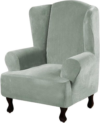 H.VERSAILTEX Wingback Chair Covers Velvet Plush Wing Chair Slipcover 1 Piece High Stretch Wing Back Chair Slipcovers Sofa Cover Furniture Cover with Elastic Bottom, Sea Grass