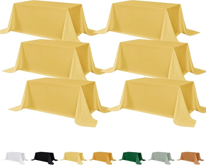 Fitable 6 Pack Yellow Tablecloths for Rectangle Tables, 90 x 156 Inch | Wrinkle & Stain Resistant, Washable Polyester Fabric Cloth Cover, For Wedding, Party, Banquet, Formal Events