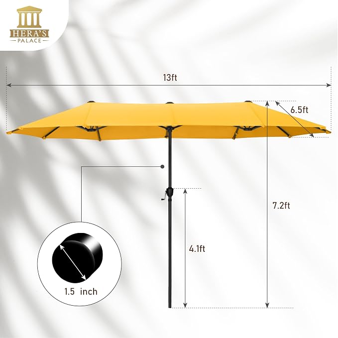 HERA'S PALACE 13 ft Large Double-Sided Twin Patio Umbrella, Outdoor Market Umbrella with Crank Handle, Powerful UV Protective, Gold Yellow