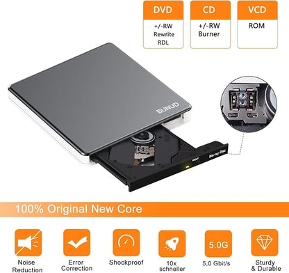 External Blu Ray CD DVD Drive, USB 3.0 Type C Blu ray Burner BD Player Read/Write Portable Bluray Drive Slim Optical Blue Ray CD DVD Reader for Laptop PC Windows 11 MacBook Pro Air Desktop Linux OS