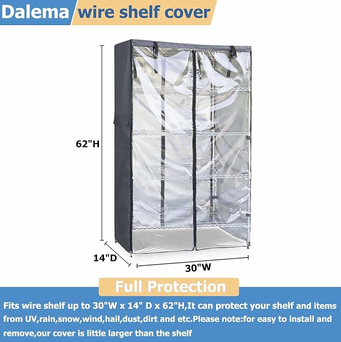 Waterproof Shelf Cover,600D Heavy Duty Dustproof Storage Wire Rack Covers,Outdoor Shelving Covers for Wire Shelves with Zipper 30''x14''x62'',Clear Front.