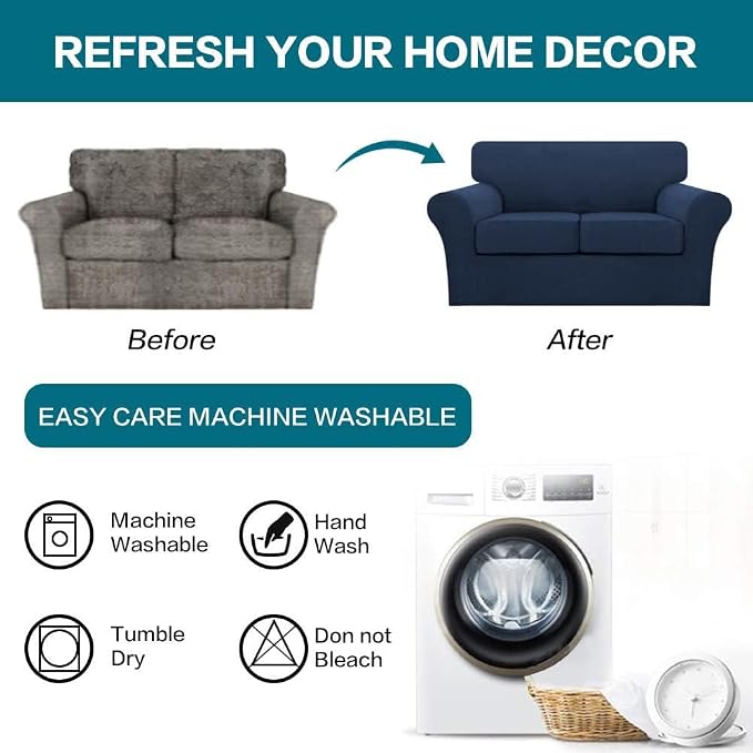 Turquoize 3 Piece Sofa Covers for 2 Cushion Couch Sofa Slipcover Soft Couch Cover for Dogs-Washable Sofa Furniture Covers with 2 Individual Cushion Covers, Thick Jacquard Fabric (Loveseat, Navy)