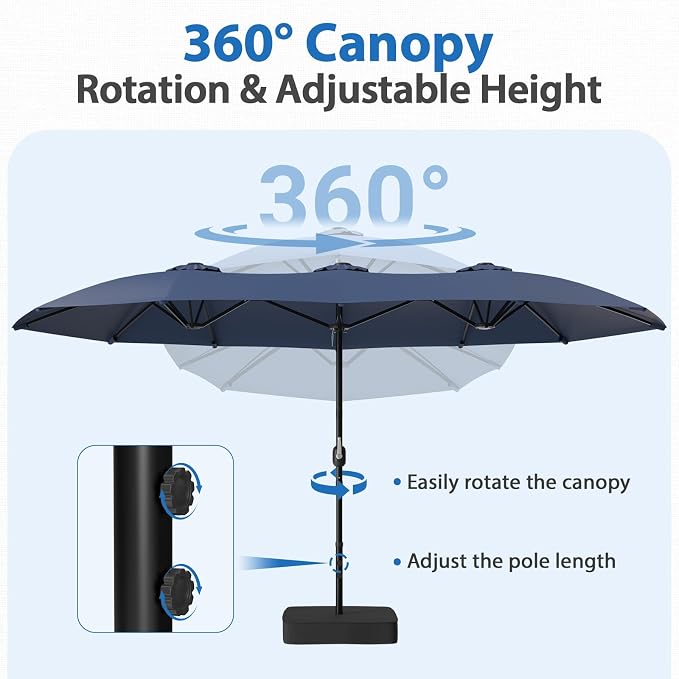 HOPERAN 15FT Patio Umbrella with Base Included, Large Outdoor Double-Sided Rectangle Table Umbrella with Easy Crank Lift, Market Umbrella for Backyard, Pool&Garden