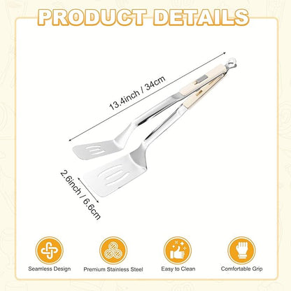 M METERXITY Spatula Tongs, 13.4 Inch 304 Stainless Steel Anti-Scald Extended Multifunctional Flipper Grill Clamp for Cooking/Barbecue, Kitchen Cooking Tongs [White Handle, Silver Tone]
