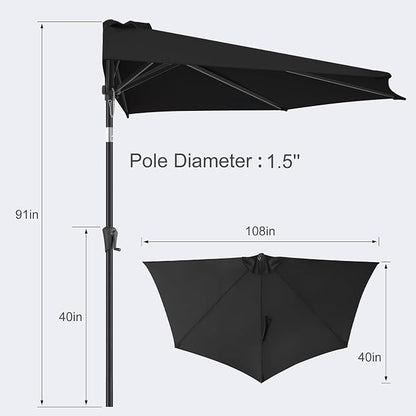 FLAME&SHADE 9ft Half Patio Umbrella - Half Outdoor Umbrella with Tilt UV Protection Waterprool, Half Round Table Umbrella for Wall Balcony, Pool, Porch, Garden, Deck, Market, Backyard (Black)