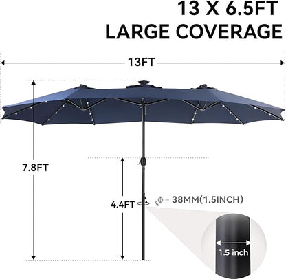 GREEN PARTY 13ft Outdoor Patio Umbrella with Solar Lights, 120 LED 12-Mode Large Double Sided Rectangular Table Umbrella, Heavy Duty Triple-Head Shade for Backyard Deck & Poolside, Navy Blue(No Base)