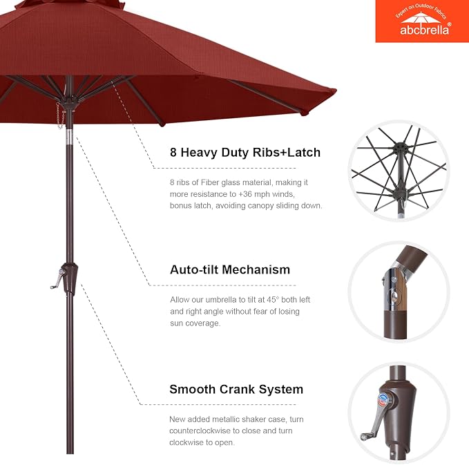 ABCCANOPY OLEFIN® 5-Year No Fading 9FT Outdoor Patio Umbrella(Burgundy) | Fade & UV Resistant Fabric,8 Fiberglass Ribs，Wind Vent，Crank Lift & Tilt,Outdoor Table Umbrella for Deck,Backyard,Yard