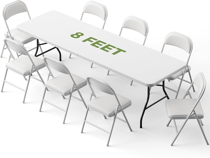 Folding Dining Table Set for 8, 8FT Foldable Plastic Table with Carrying Handle & 8 PU Leather Padded Folding Chairs, Portable Table and Chairs Set for Indoor Outdoor, Party, Wedding, Picnic, Camping