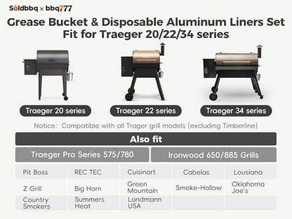 Grease Drip Bucket with 20 Pack Disposable Aluminum Grease Liners BAC407 Replacement Parts for Traeger Pro Series 575/780 20/22/34 Ironwood 650/885 Pit Boss Pellet Grills