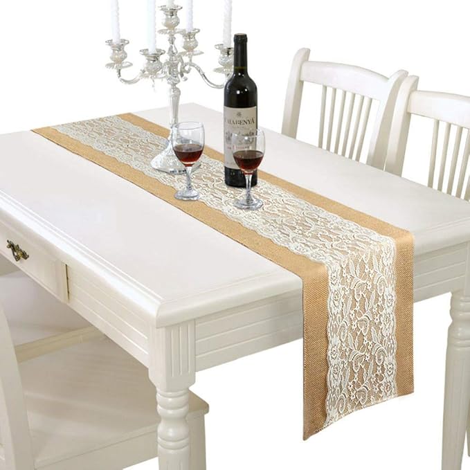 AK TRADING CO. Burlap & Lace Table Runner (Ivory Lace, 12x120 Inches) Perfect for Rustic Theme Weddings, Events, Parties, BBQ's, Dining Table & Home Décor