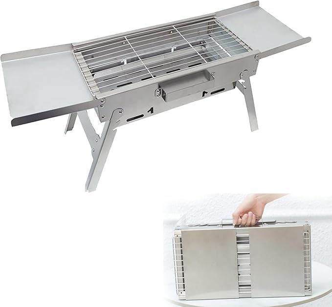 Portable Foldable Charcoal Grill, 304 Stainless Steel, No Assembly Required, Adjustable Charcoal Pan Height, Built-In Seasoning Board, 3-Second Open & Close, for Camping & Picnics