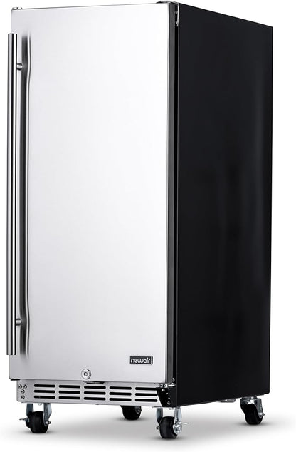 NewAir 15” Outdoor Beverage Fridge | Freestanding or Built-In Under counter Refrigerator for Outside Patio | Weatherproof Outdoor Fridge for 90 Cans with Detachable Castors | Stainless Steel
