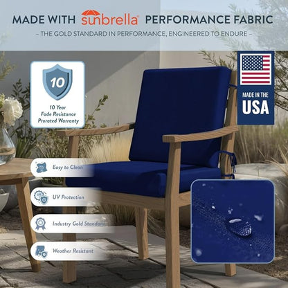 California Umbrella Outdoor Dining Chair, Set of 2 Patio Seat Cushions, 20 x 40 Inch, Premium Outdoor Memory Foam, Fade Resistant, Sunbrella Fabric, Fabric Ties, True Blue