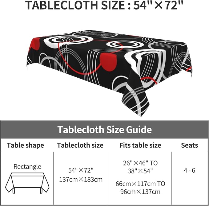 Black Red Table Cloths for Parties Kitchen Dining Room Wedding | Modern Retro Decorative Tablecloth Rectangle 54"x72" Reusable Washable Table Cover