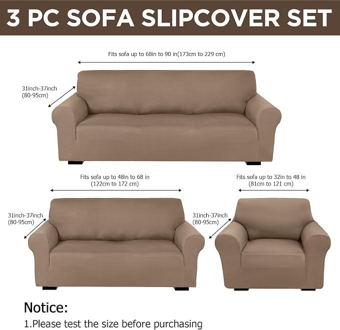 Peryiter 3 Pcs Couch and Loveseat Sofa Covers,Camel,Milk Silk | Armchair Covers for Living Room, Sofa Cushion Slipcover, Furniture Protector, Polyester and Spandex, Washable