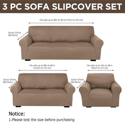 Peryiter 3 Pcs Couch and Loveseat Sofa Covers,Camel,Milk Silk | Armchair Covers for Living Room, Sofa Cushion Slipcover, Furniture Protector, Polyester and Spandex, Washable
