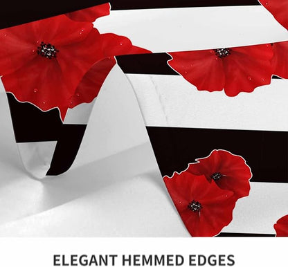 TKS MITLAN Black White Stripe Tablecloth 60x84 Inch Rectangular Red Flower Poppy Petal Bloom Bright Color Plant Oblong Table Cloth Kitchen Table Decorations for Home Dinner Party