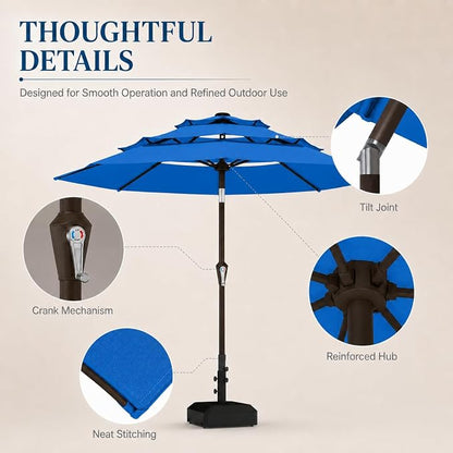 10ft Patio Umbrella, 3-Tier Vented Outdoor Table Umbrella with 8 Sturdy Fiberglass Ribs, Windproof Market Umbrella with Push Button Tilt and Crank, UV Protection for Deck, Pool, Royal Blue