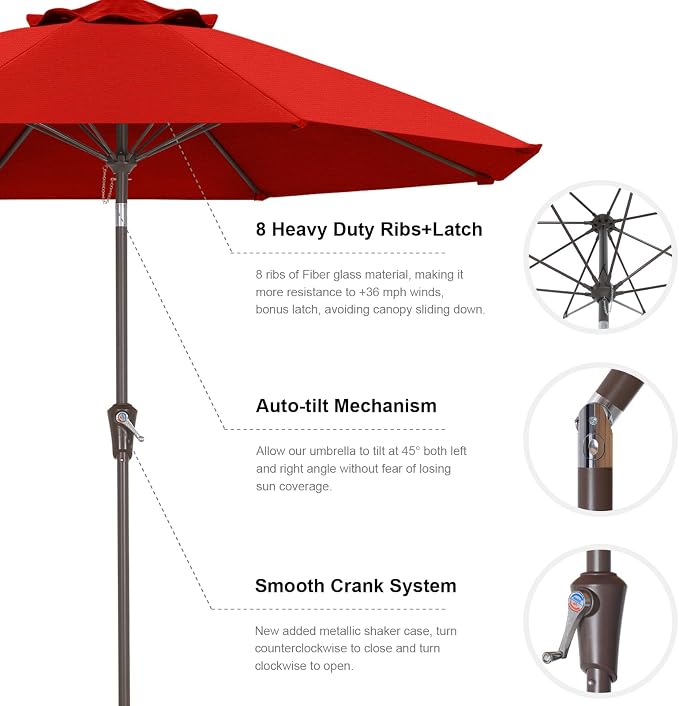 ABCCANOPY 10-Year No Fading 9FT Acrylic Outdoor Patio Umbrella(Red) | Fade & UV Resistant Fabric,8 Fiberglass Ribs，Wind Vent，Crank Lift & Tilt,Outdoor Table Umbrella for Deck,Backyard,Yard