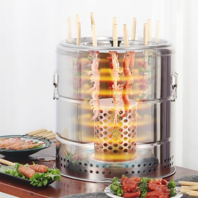 Smokeless Barbecue Hanging Grill With 20 Skewers Stainless Steel Charcoal BBQ Stove Charcoal Braised Grill Barrel Large Capacity Portable 360° All Round Roasting Oven (36cm*34cm (14.2''x13.4''))