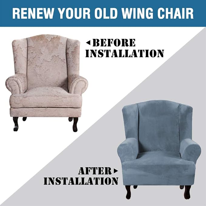 H.VERSAILTEX Wingback Chair Covers Velvet Plush Wing Chair Slipcover 1 Piece High Stretch Wing Back Chair Slipcovers Sofa Cover Furniture Cover with Elastic Bottom, Stone Blue