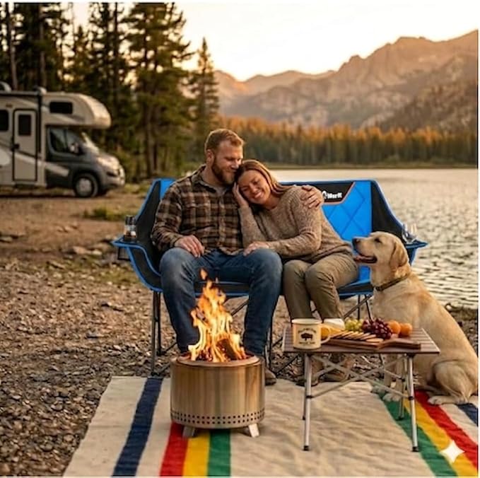 EMERIT Oversized Fully Padded Camping Chair, Heavy Duty 650LB Folding Camping Loveseat, Quad Fold Double Camping Couch with Cup Holders & Carry Bag for Outdoor, Lawn, Sports Events Blue
