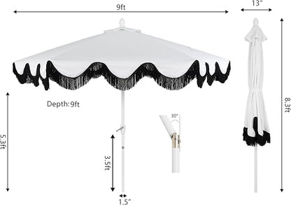 JONATHAN Y UMB1001 Collins 9 ft. Classic Cottage Tassel Market Patio Umbrella with Auto-Tilt, Crank, Wind Vent and UV Protection