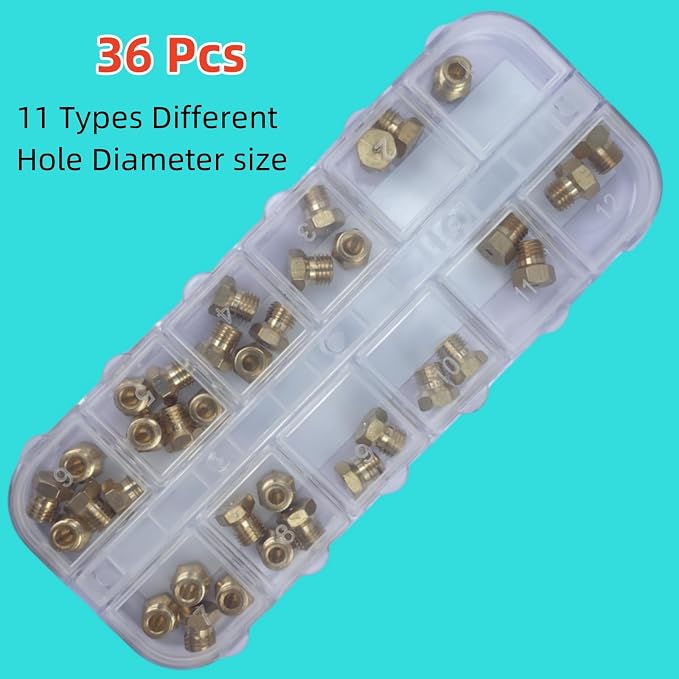 36 Pcs Propane Orifice Kit,Propane Lp Natural Gas Brass Jet Burner Nozzle Replacement Parts M6x0.75 mm Gas Spray Tip 0.3/0.4/0/7/0.8/0.9/1.0/1.1/1.2/1.5/1.7/1.9mm