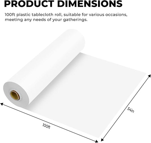 54 Inch X 100 Feet Plastic Table Cover Roll Premium Disposable Plastic Tablecloth for All Type/Shape Tables | Picnic, Party, Banquet, Birthdays, Weddings (White, 54 Inch X 100 Feet)