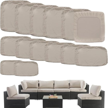 Outdoor Cushion Covers Replacement 14 Pcs, Tan | Patio Cushion Covers Fit for 7Pieces 6-Seater Wicker Rattan Sectional Couch Sofa, Outdoor Cushion Slipcovers Set