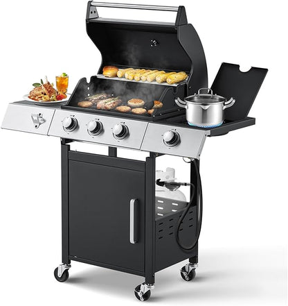 MELLCOM Upgraded 36,000 BTU Stainless Steel Burner Barbecue Grill, 3 Burner BBQ Propane Gas Grill with Cast Iron Grates & Side Stove for Patio, Camping, Outdoor Cooking