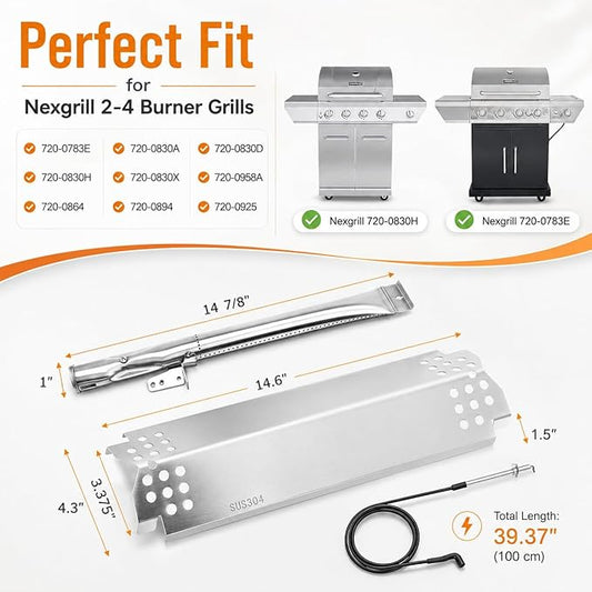 Hisencn 304 Stainless Steel Grill Replacement Parts for Nexgrill 720-0830H, 720-0888, 720-0888N, Grill Burner, Heat Plates, Grill Igniter Kit Replacement for Home Depot Nexgrill 4 Burner Parts