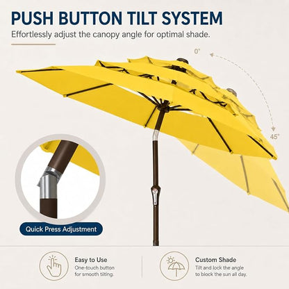 10ft Patio Umbrella, 3-Tier Vented Outdoor Table Umbrella with 8 Sturdy Fiberglass Ribs, Windproof Market Umbrella with Push Button Tilt and Crank, UV Protection for Deck, Pool, Sunshine Yellow