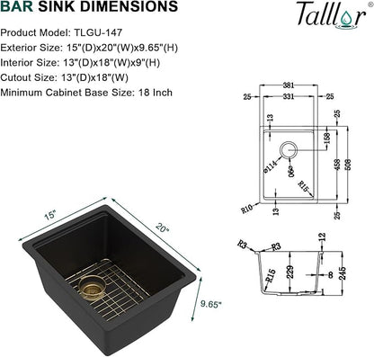 15 Inch Undermount Bar Sink - Matte Black Granite Composite Workstation Single Bowl Small Prep Wet Sink with All-In One Gold Accessories & Cutting Board for RV, Kitchen Bar, and Boat #TLGU-147