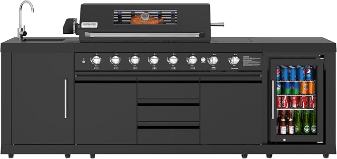 KoolMore Reserve Outdoor Kitchen Island with 6 Burner Grill and a Side Burner, Sink, Storage Cabinet, and Beverage Refrigerator, CSA Listed in Sleek Black