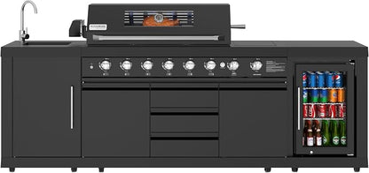 KoolMore Reserve Outdoor Kitchen Island with 6 Burner Grill and a Side Burner, Sink, Storage Cabinet, and Beverage Refrigerator, CSA Listed in Sleek Black