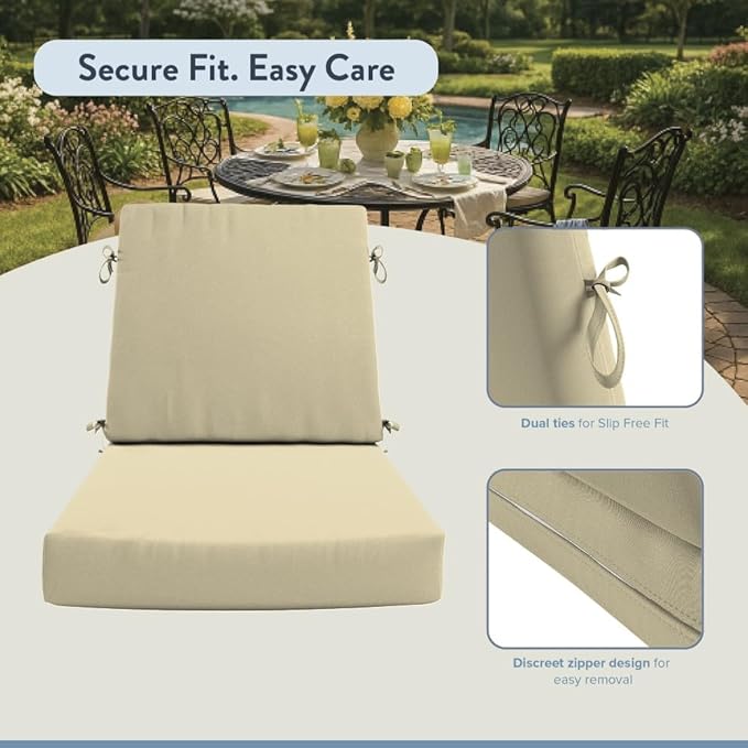 California Umbrella Outdoor Dining Chair, Set of 2 Patio Seat Cushions, 20 x 40 Inch, Premium Outdoor Memory Foam, Fade Resistant, Sunbrella Fabric, Fabric Ties, Antique Beige