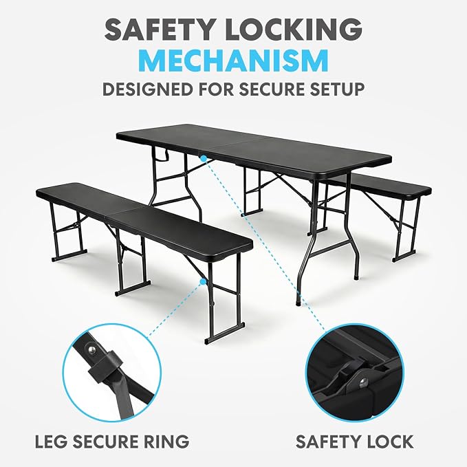 Simpli-Magic 6 Foot Folding Picnic Table Set with 2 Benches Portable Indoor Outdoor Camping Table for Working Meeting Party Picnic Weddings with Handle and Safety Locks Black