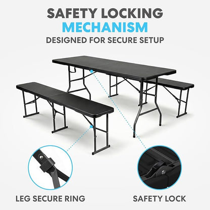 Simpli-Magic 6 Foot Folding Picnic Table Set with 2 Benches Portable Indoor Outdoor Camping Table for Working Meeting Party Picnic Weddings with Handle and Safety Locks Black
