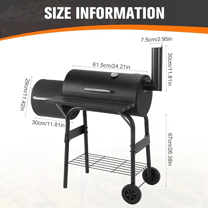 Generic Spacious Cooking Area BBQ Cooker 192 Sq. In. Cooking Space Spacious Barrel Charcoal BBQ Grill for Balcony Picnics Party & Camping