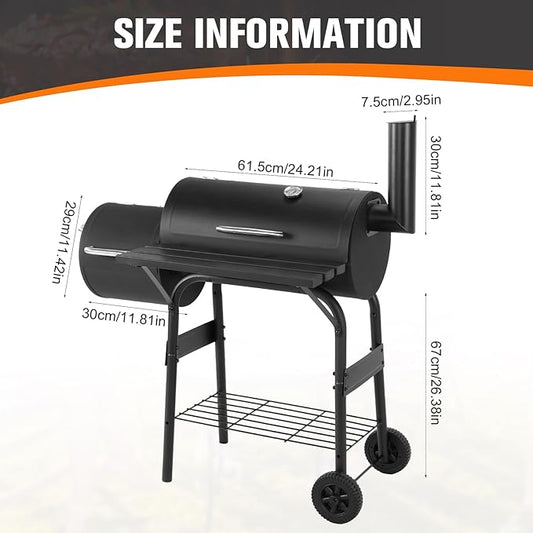 Offset Smoker Charcoal Grill 192 SQ.IN. Cooking Surface Heavy-Duty BBQ Grill Wheels Barbecue Cooker Steel Warming Rack for Outdoor Garden Patio & Backyard Cooking