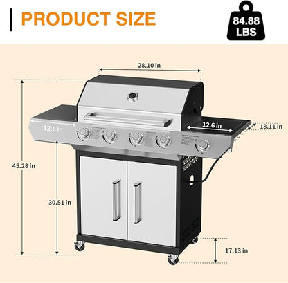4-Burner Propane Gas Grill with Side Burner, 60,000 BTUs Output Stainless Steel Propane Grill for Outdoor Cooking and Patio Barbecues